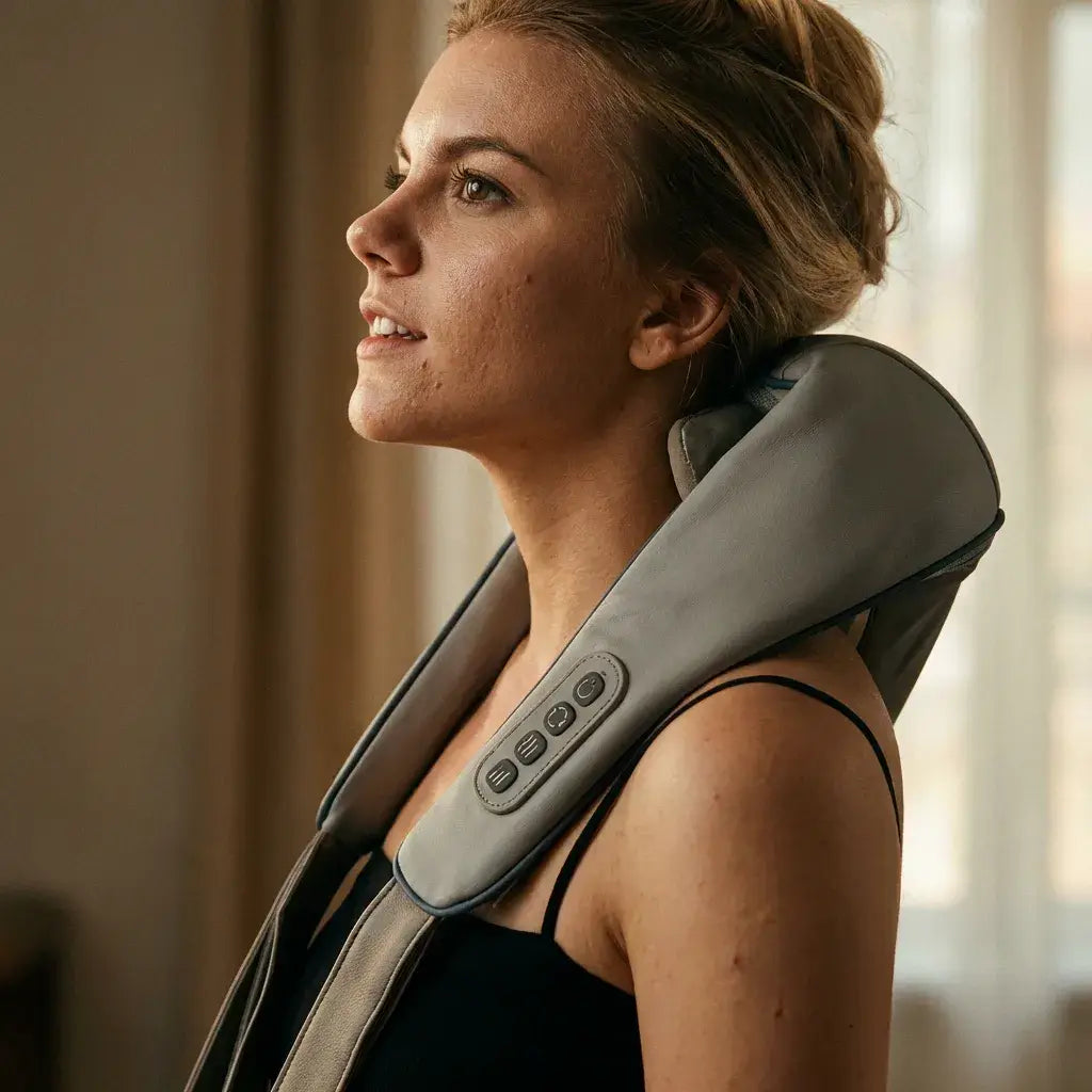 Woman using KLAX 5D Shiatsu Massager around her neck, showcasing its design and control buttons.