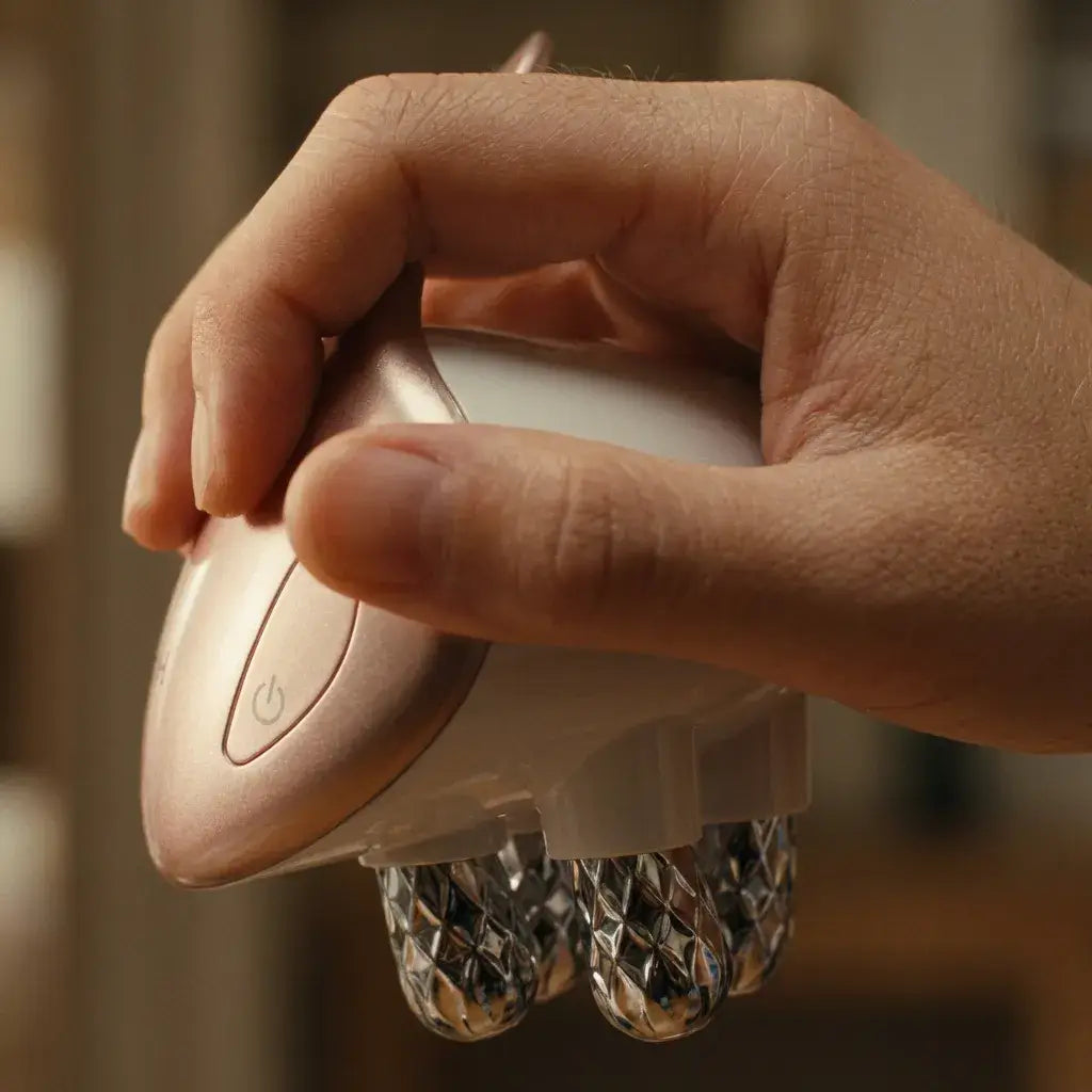 A hand holding the Quadrax Beauty Device, showcasing its ergonomic design and easy-to-use control.