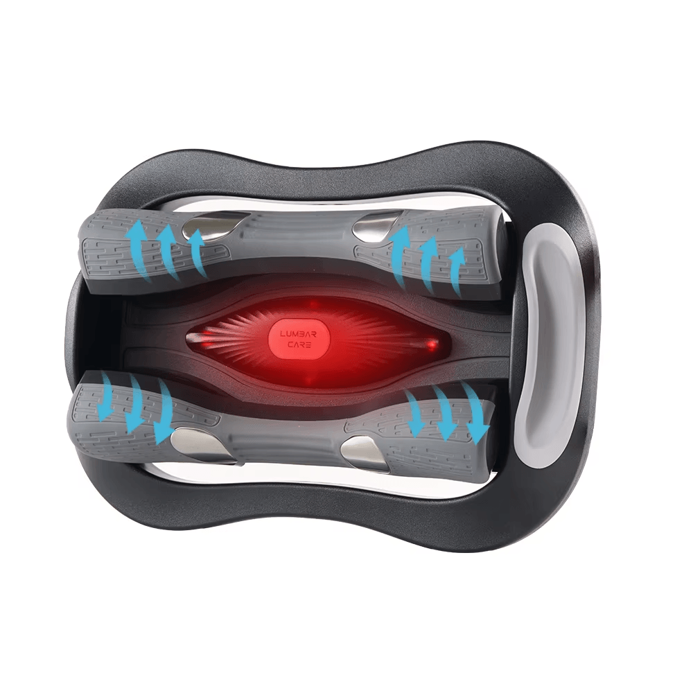 SpineFlex Back Stretch Device showing a contoured design with grey rollers and a red light for comfort and support.