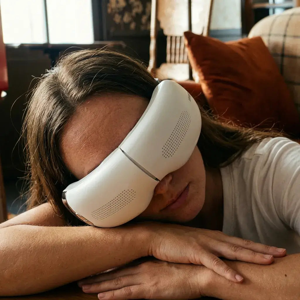 Woman wearing the Visura 3D Eye Massager while resting her head on her arms.