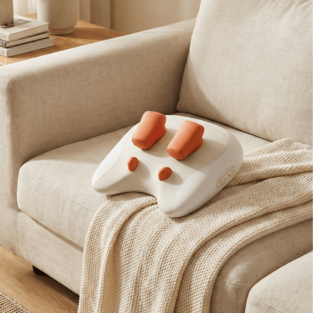 XRP Neck Massager on a cozy couch, designed for deep neck relief and relaxation at home.