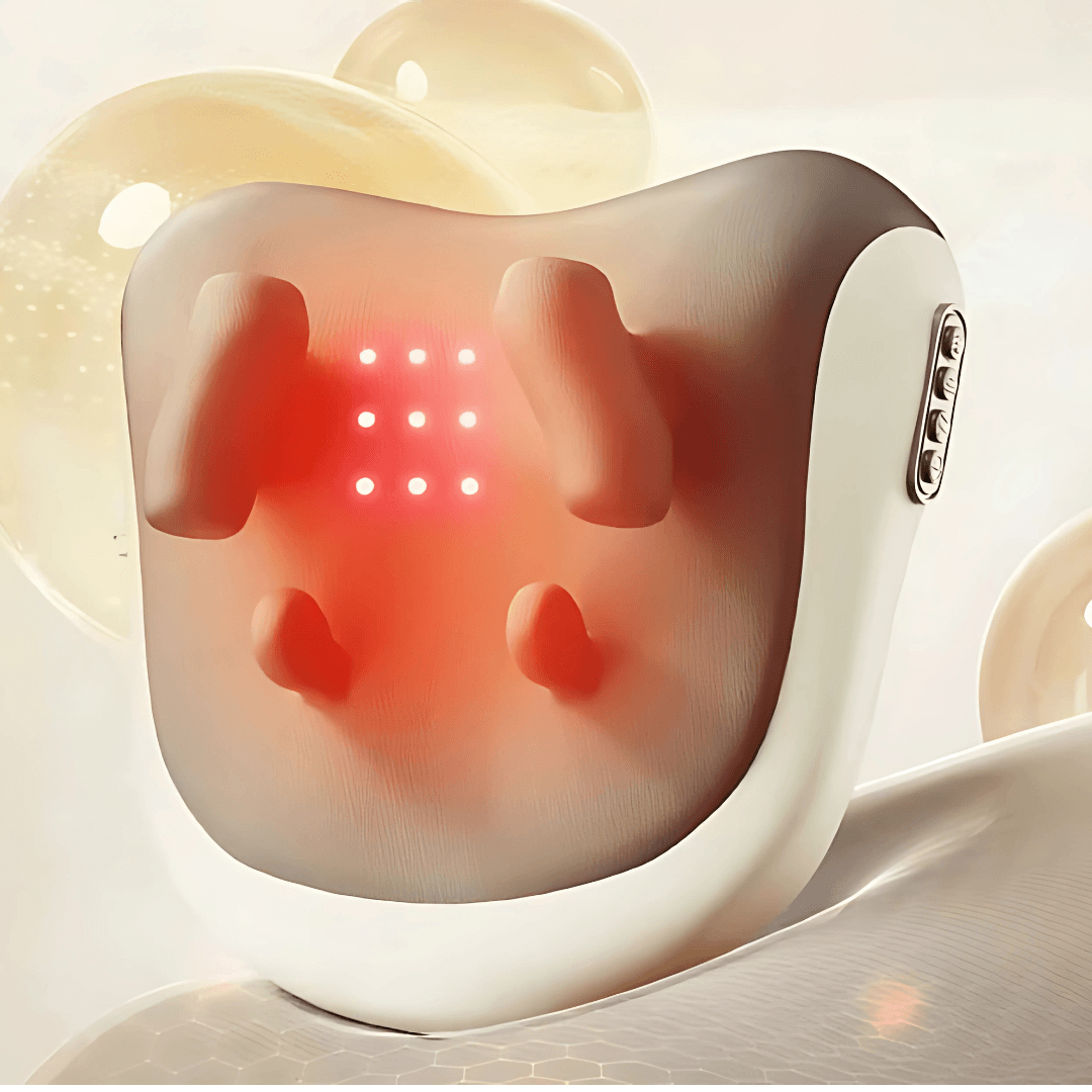 XRP Neck Massager device with soft pads and LED lights for deep neck relief at home.