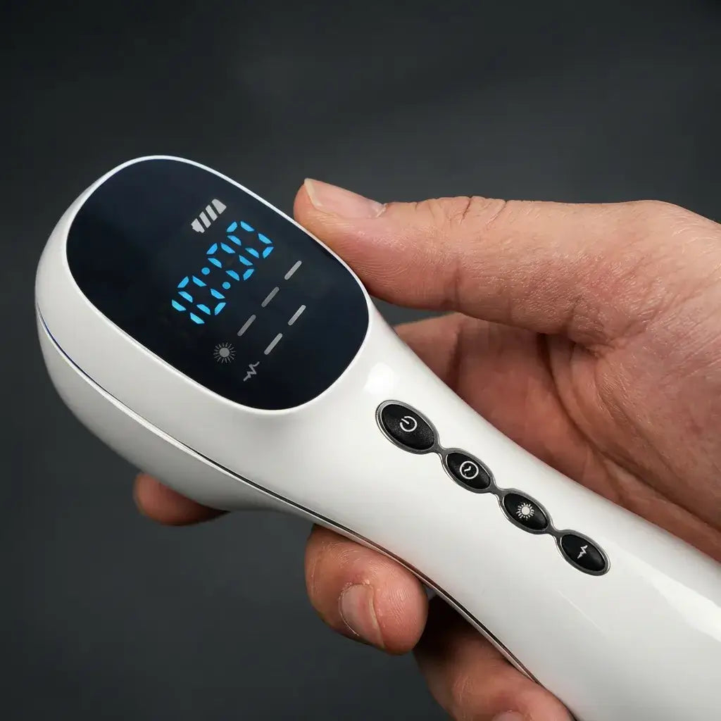 Close-up of a hand holding the Dernox Pro Cold Laser + TENS device, showing its control panel and display.