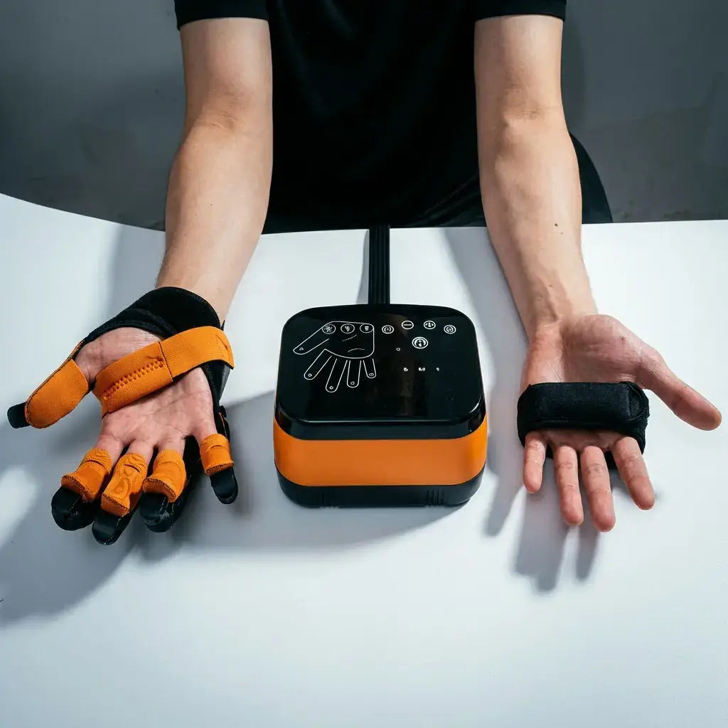 Sentinex Robotic Wellness Glove in use for hand mobility exercises on a table.