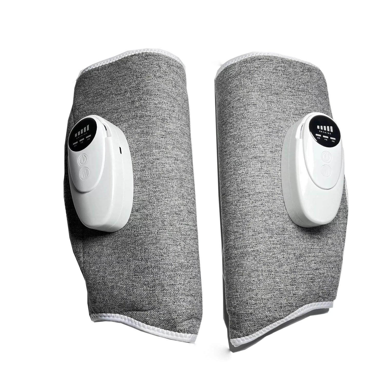 Halipax Calf Massager with gray fabric covering and control units on each side, designed for calf relaxation.