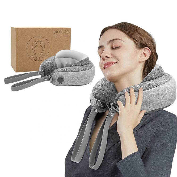 A woman enjoying the comfort of the Halipax Travel Neck Massager, designed for ultimate neck relief during travel.