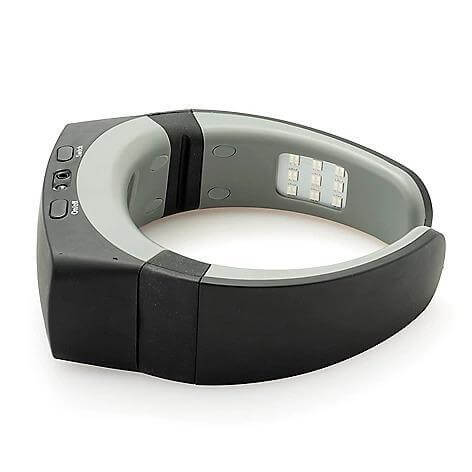 Halipax Dual-Light Neck Device showing side view with control buttons and light panel.