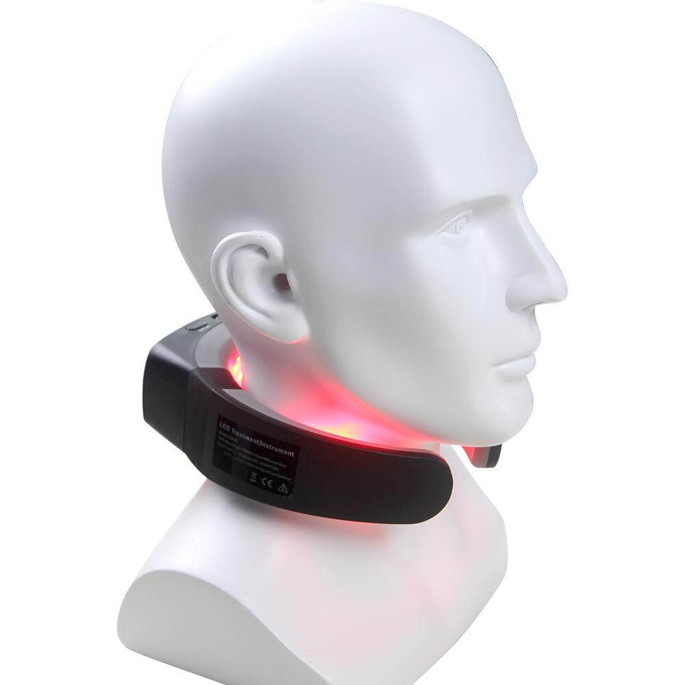 Halipax Dual-Light Neck Device worn on a mannequin head, emitting soothing red light for neck relaxation.