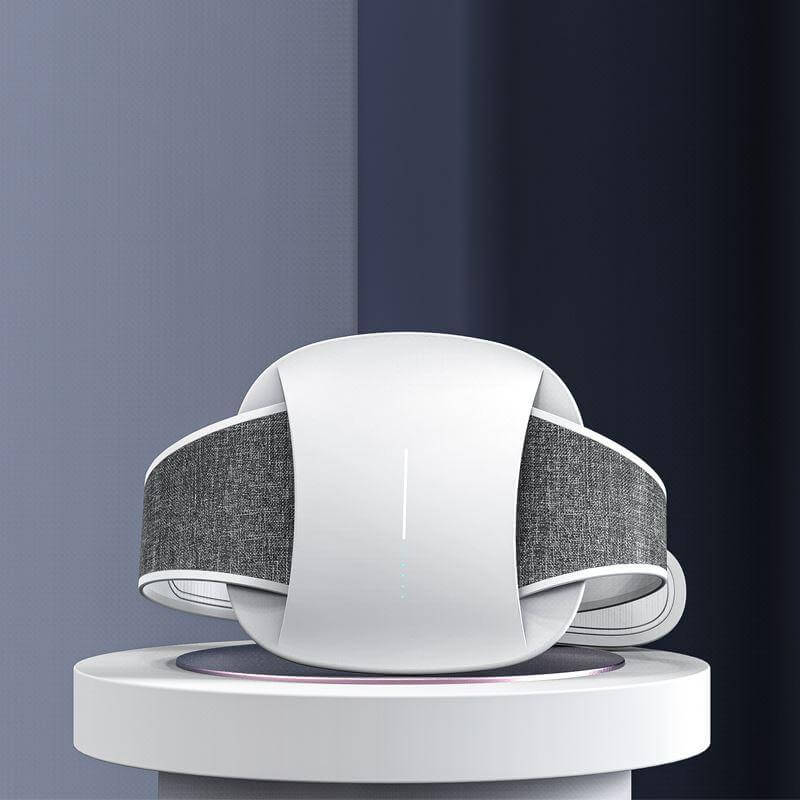 HaliBelt Waist Massager displayed on a pedestal, featuring a sleek white design with a gray fabric band.