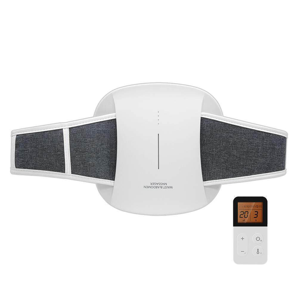 HaliBelt Waist Massager shown from above, featuring a sleek design and a remote control for easy adjustments.