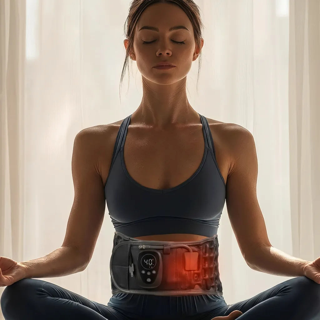 Best Sellers: woman using fitness device while meditating in yoga pose, showcasing wellness and health benefits.