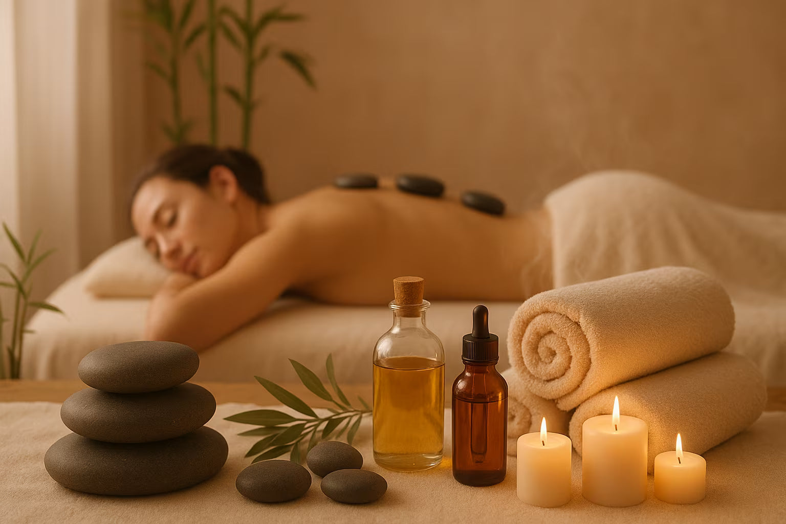 A woman receiving a relaxing massage with stones, oils, and candles in a serene spa setting for All Products.