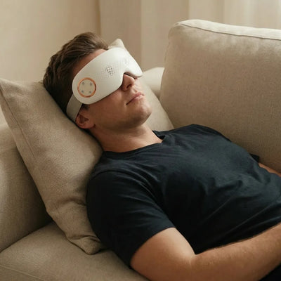 Man relaxing on a sofa wearing the Auri 3D Steam Eye Massager for a soothing experience.