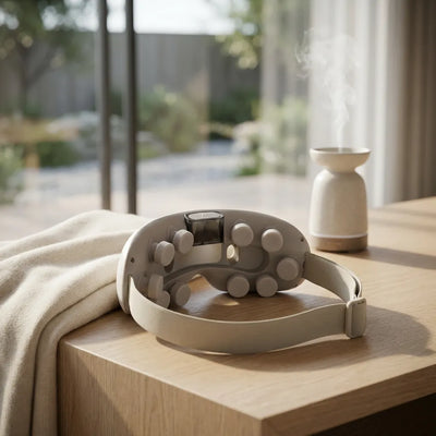 Auri 3D Steam Eye Massager resting on a wooden table next to a cozy blanket and a steaming mug.