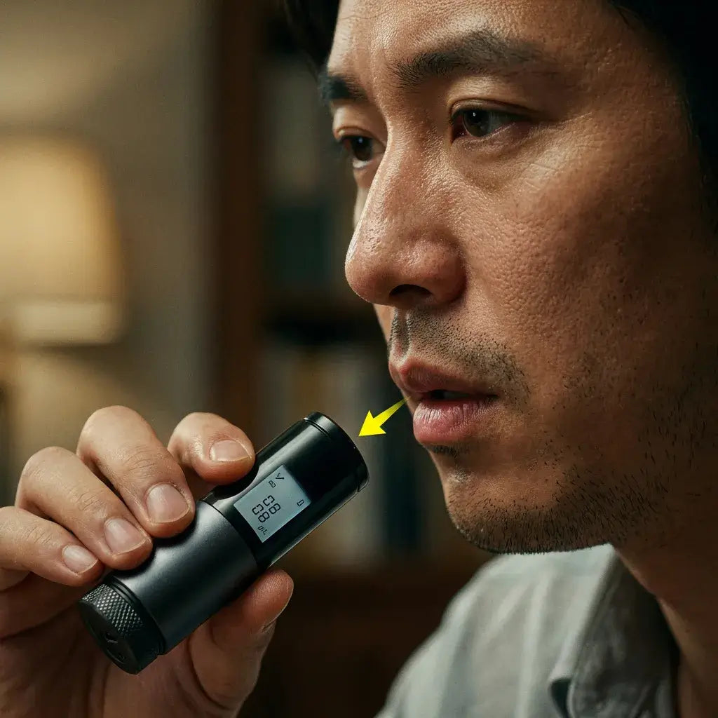 A man using the Halipax-S20 Smart Breathalyzer, showing a clear digital display during contact-free testing.