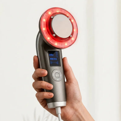 Halipax BodySculptor 8-in-1 handheld device featuring a circular red light and digital display for skincare.