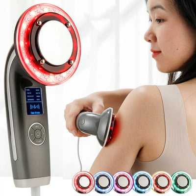 Halipax BodySculptor 8-in-1 device being used on the arm, with glowing lights and digital display.