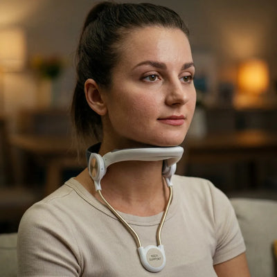 Cerviocare Neck Support Wear shown on a woman providing a secure fit for gentle neck support.