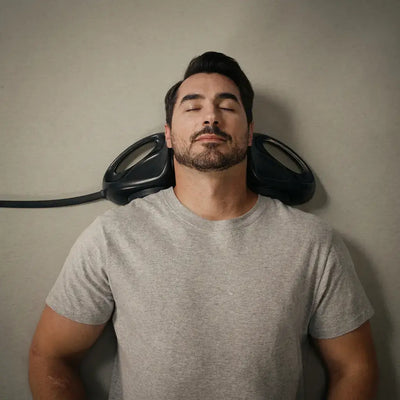 Man using the CerviPro Neck Comfort Device for relaxation, lying back with eyes closed and a calm expression.