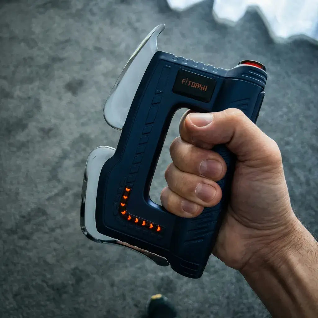 Close-up of a person holding the Fitdash Blade Massage Tool, showcasing its ergonomic design and features.