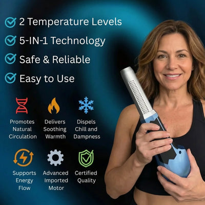 A woman holding the Biomax Pro Wand, showcasing its sleek design and features like temperature levels and 5-in-1 technology.