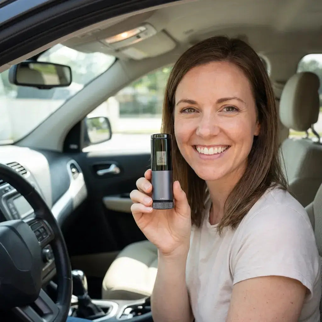 Woman holding the Halipax-S20 Smart Breathalyzer inside a car, smiling confidently.