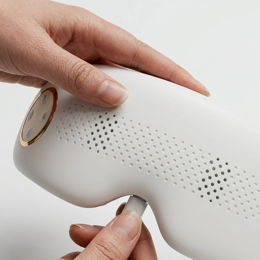 Close-up of hands using the Auri 3D Steam Eye Massager, focusing on its sleek design and control panel.