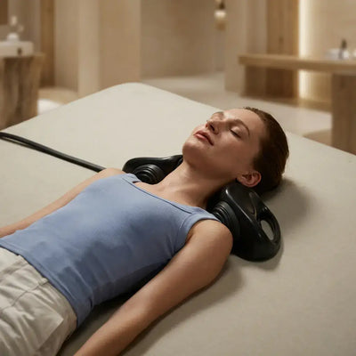 Woman relaxing with the CerviPro Neck Comfort Device on her neck while lying on a bed.