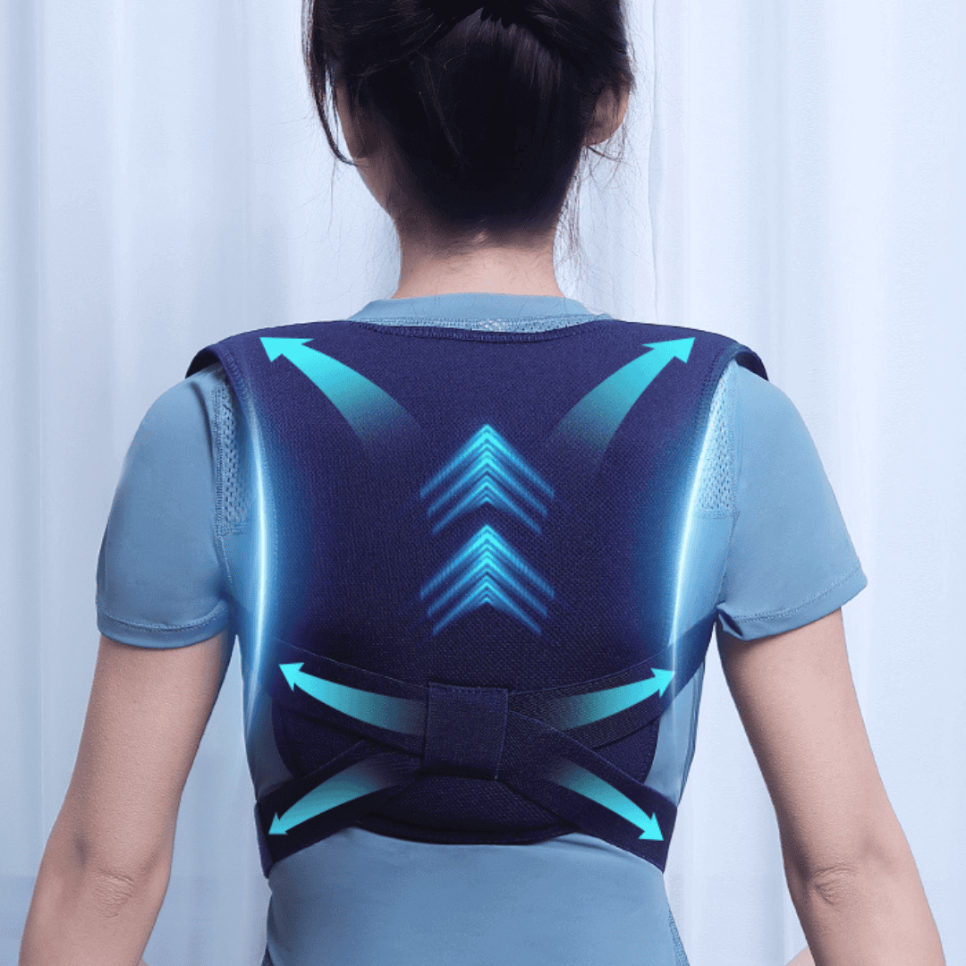 AlignPro Wearable Massager showing adjustable straps and padded shoulder support on a user from the back.