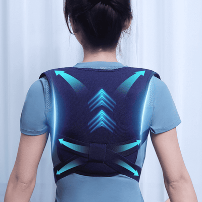 AlignPro Wearable Massager showing adjustable straps and padded shoulder support on a user from the back.