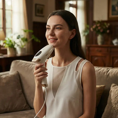 Woman using the AP10 IPL Hair Removal Device on her face while sitting comfortably at home.