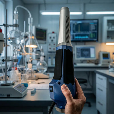 Close-up of a person holding the Biomax Pro Wand in a laboratory setting with scientific equipment in the background.