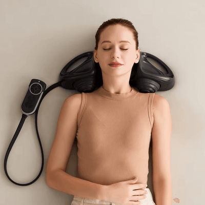 A woman relaxing with the CerviPro Neck Comfort Device while lying down, promoting neck and shoulder comfort.