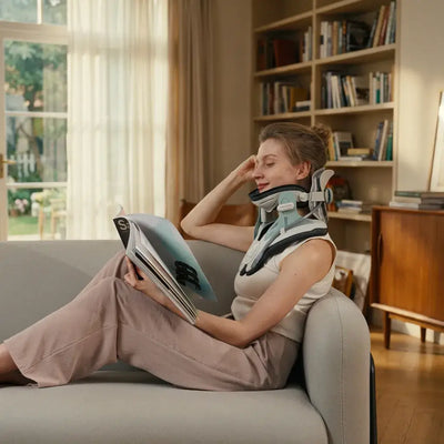 Woman relaxing on a couch wearing Cervitrax Gen-2 while reading a magazine in a cozy living room.