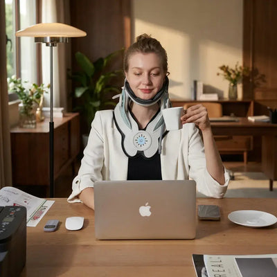 Woman using Cervitrax Gen-2 neck support while sipping coffee at a laptop in a cozy workspace.