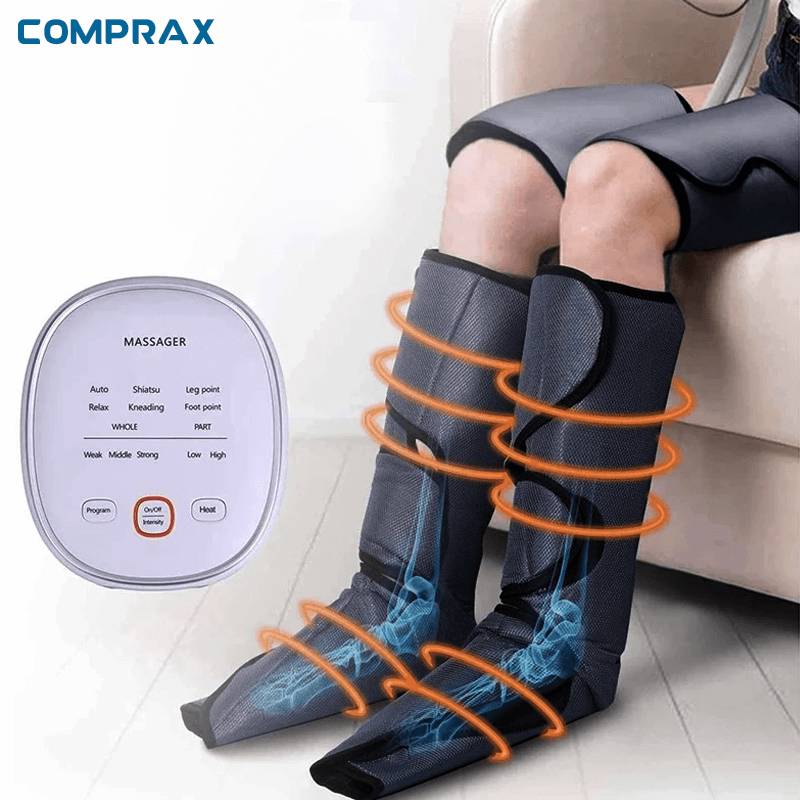 Comprax Air Boots in use with control panel, highlighting leg and foot massage features on a seated individual.