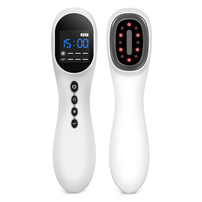 Dernox Pro Cold Laser + TENS device with display and red light for muscle recovery.