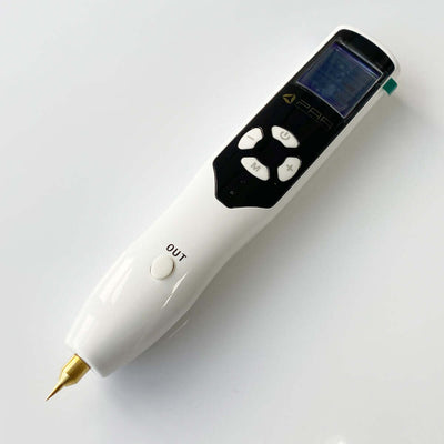 HaliPlasma – Fibroblast Plasma Pen with a gold tip and control buttons on a white background.