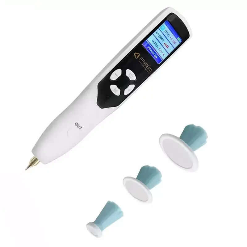 HaliPlasma – Fibroblast Plasma Pen with digital display and three tips on a white background.