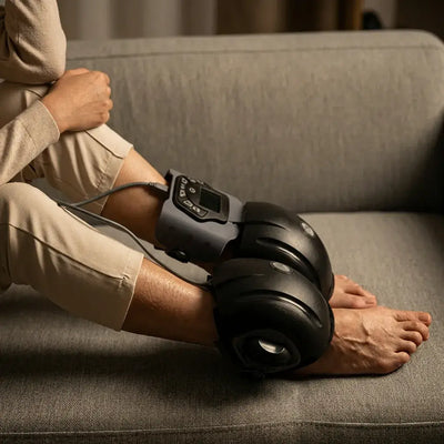 Person using FlexiTherm Pro Knee Device on both knees for deep warming comfort.