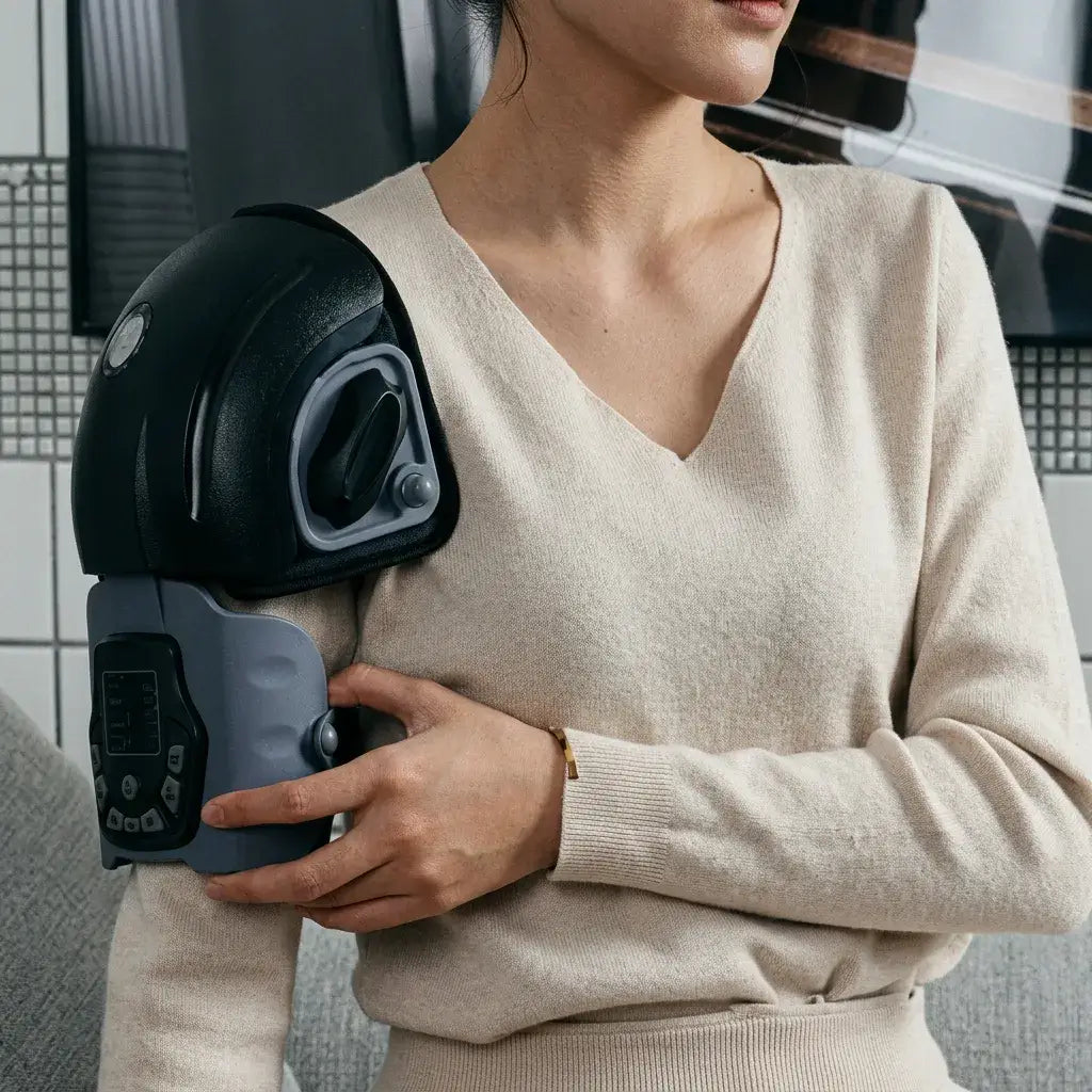 Person using the FlexiTherm Pro Knee Device for soothing knee relief and comfort.