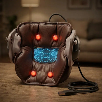 FlexiTherm Pro Knee Device showing adjustable settings and LED lights for deep warming comfort.