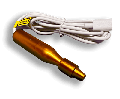 Close-up of a golden Hyper-Watch Accessories nasal light support device with a white cable.