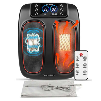 Hali-Life Foot Massager featuring massage nodes and heat settings with a remote control for ease of use.