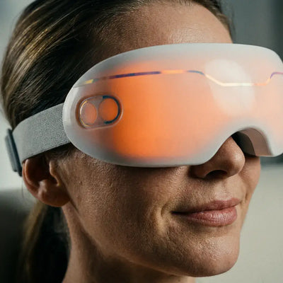 Close-up of a woman wearing the Halipax Micro Steam Eye Cover with an illuminated display.