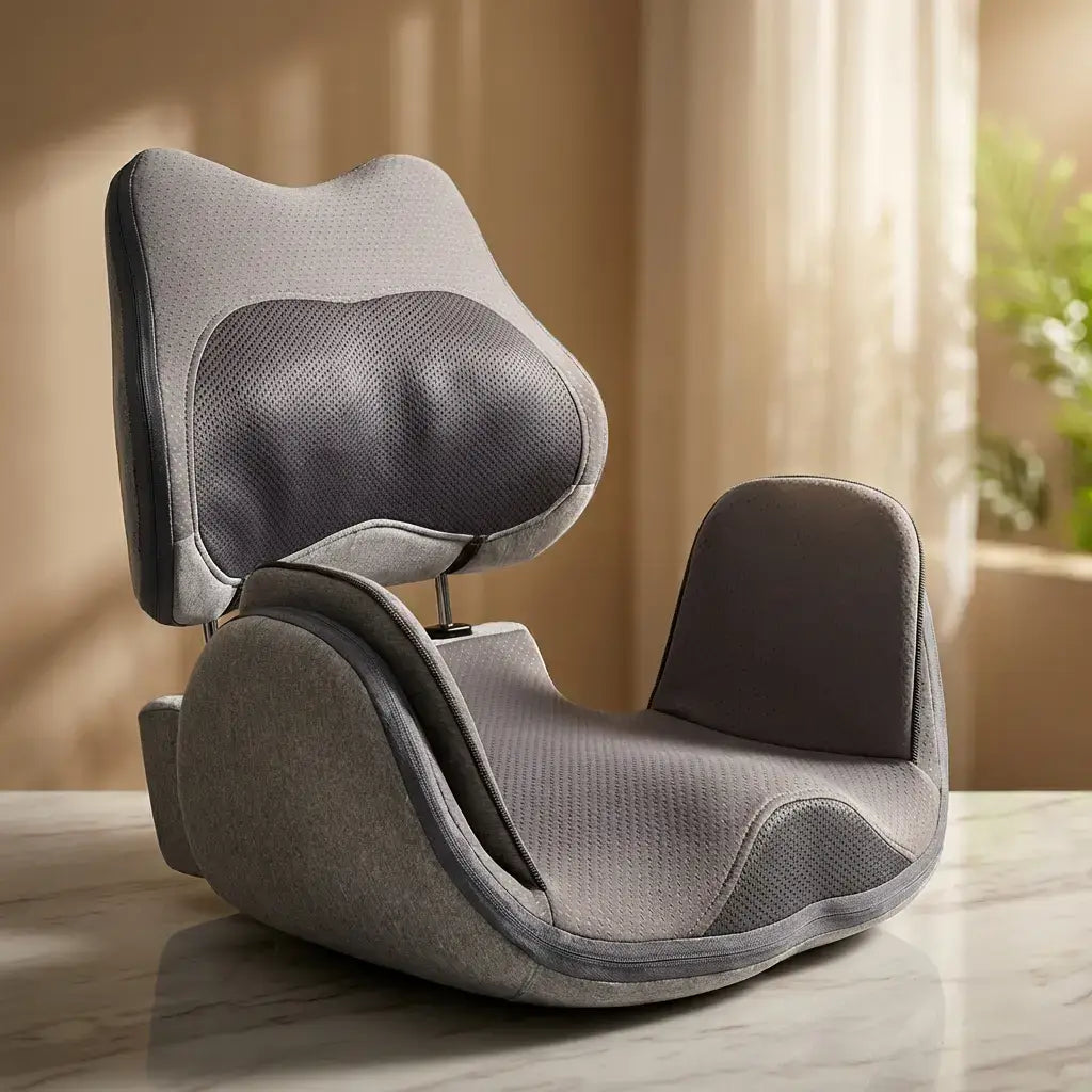 Hipology Massage Seat in gray fabric showcasing ergonomic design and supportive structure on a table.