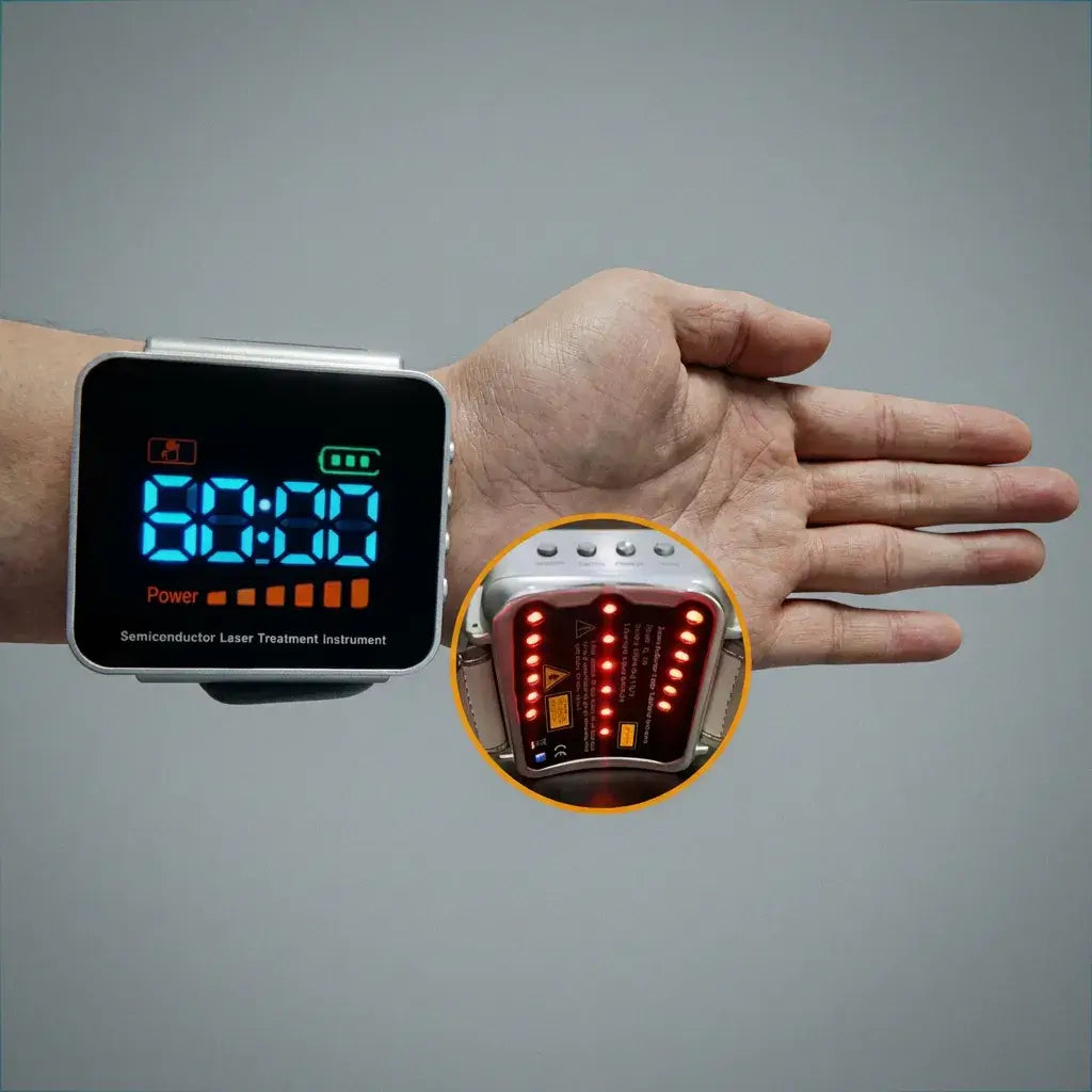 Hyper-Watch Cold Laser Device worn on wrist, displaying timer and indicator lights in a casual setting.