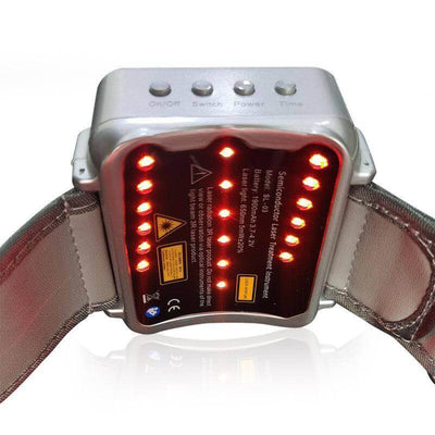 Hyper-Watch Cold Laser Device with illuminated lights and control buttons on a wrist strap.