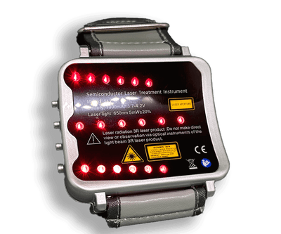 Hyper-Watch Cold Laser Device featuring red LED lights and a lightweight wrist design.