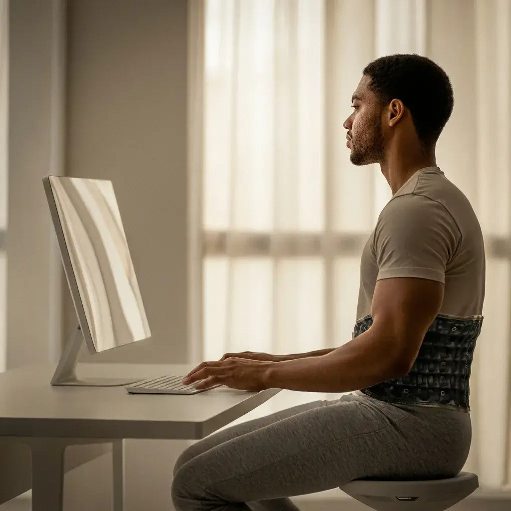 A person wearing the Hyperbelt Elite Traction Belt while working at a desk on a computer.